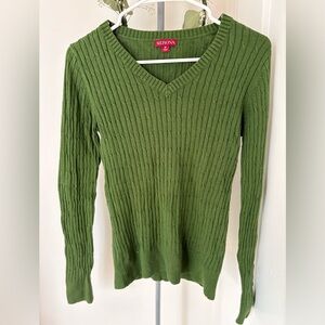 Merona Green Cable Knit Sweater V neck Cotton Long Sleeve Slim Fit Size Medium